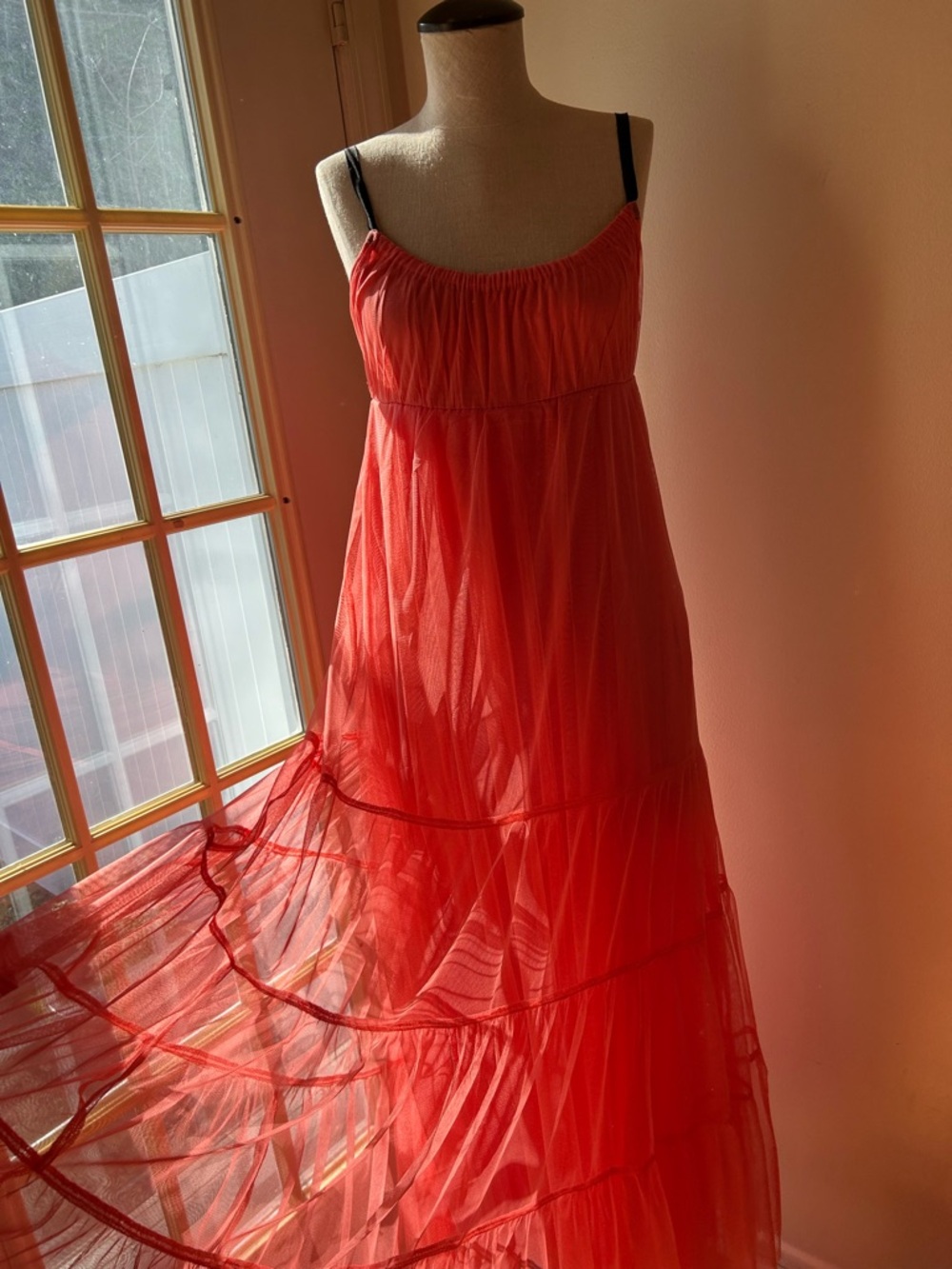 Maeve Anthropologie Coral tulle Maxi Dress with Spaghetti Straps Small - Picture 3 of 11